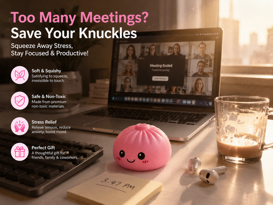 3pm slump dumpling squishy on a desk at 3:47 PM beside a closed Zoom meeting laptop — the silent fidget toy adults are using to survive back-to-back meetings