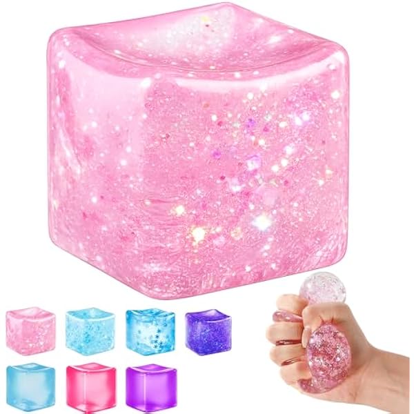 Ice cube squishy pink glitter slow rise sensory fidget