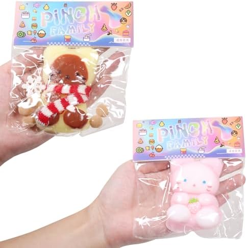 Mini cat squishy 2 pack pink and yellow kawaii sticky squeeze toy