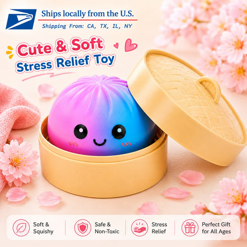 Galaxy dumpling squishy bao bun in a mini bamboo steamer box — cute stress relief gift