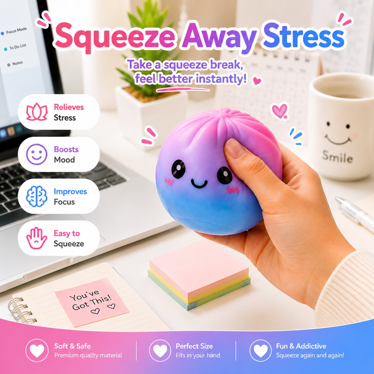 Galaxy dumpling squishy bao bun stress relief fidget toy held in hand at a desk
