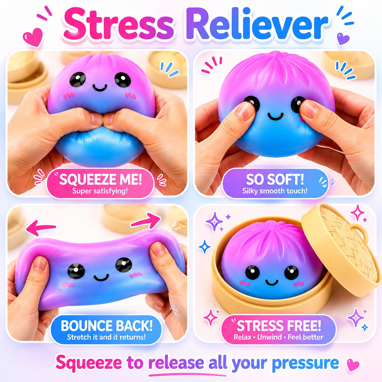 Rainbow galaxy dumpling squishy stress reliever — squeeze, stretch and bounce back