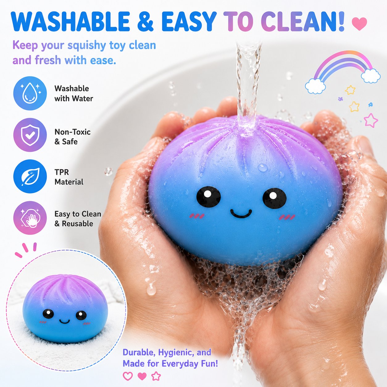 Washable non-toxic TPR galaxy dumpling squishy bao bun rinsed under water