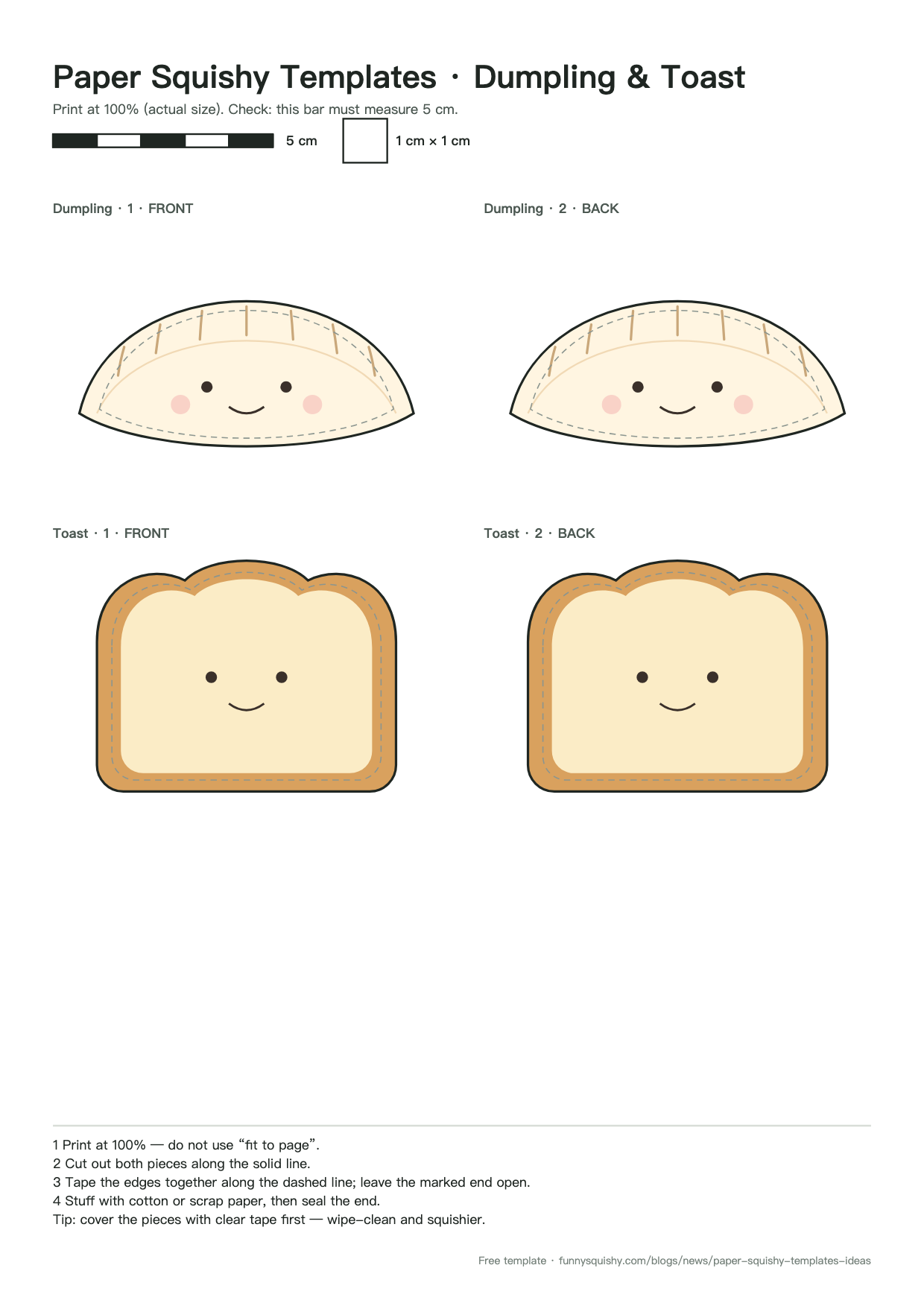 Paper squishy templates preview: dumpling and toast pieces, front and back, with cut lines and 5 cm scale bar